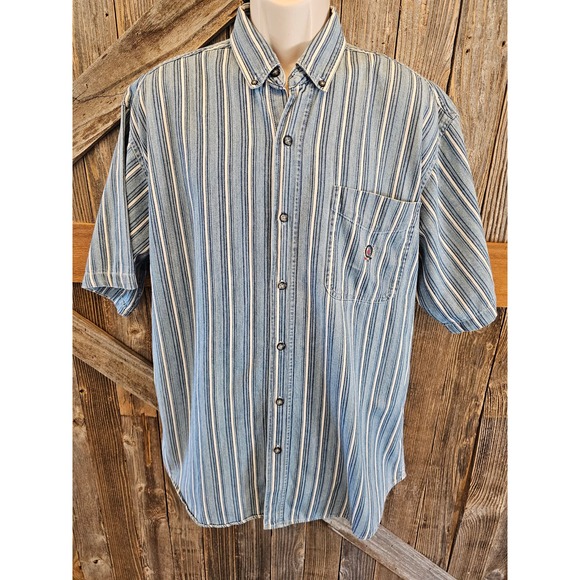 Vintage Coliseum classic jeans chambray striped 90s button up L ^* - Picture 1 of 7